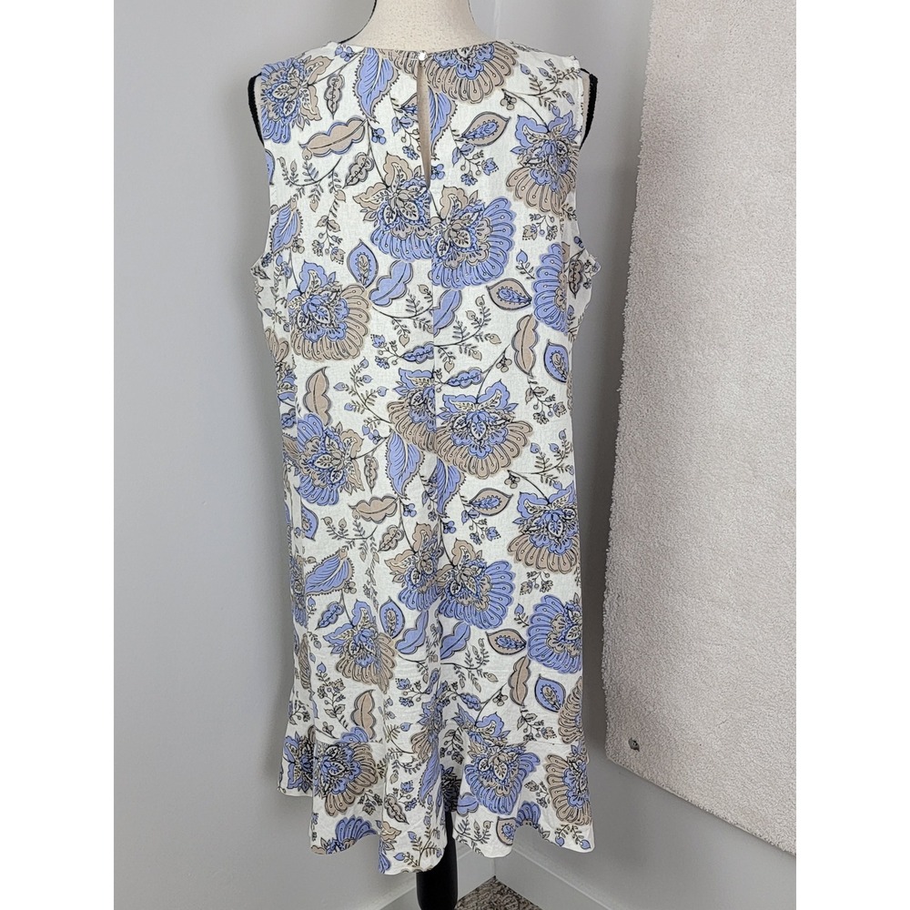 Tommy Hilfiger Floral Shift Dress 14 Blue Tan Linen Ruffle Coastal Hamptons - Picture 3 of 9